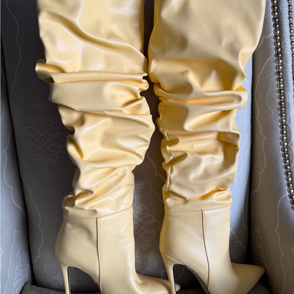 Yellow Slouchy Knee-High Stiletto Boots - Women's Fashion Boot - Picture 2 of 6